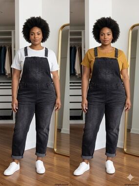 3pc Black Denim Overalls for Women - 2 tops. Plus Size